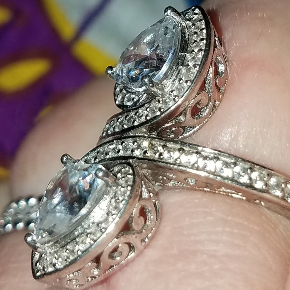 Double heart bypass ring sterling with pave halos and side stones antique style